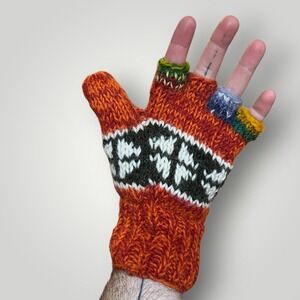 VTG‎ L/XL Hand Knit Mittens Boho Men Glittens Gloves Fingerless Orange Fair Isle